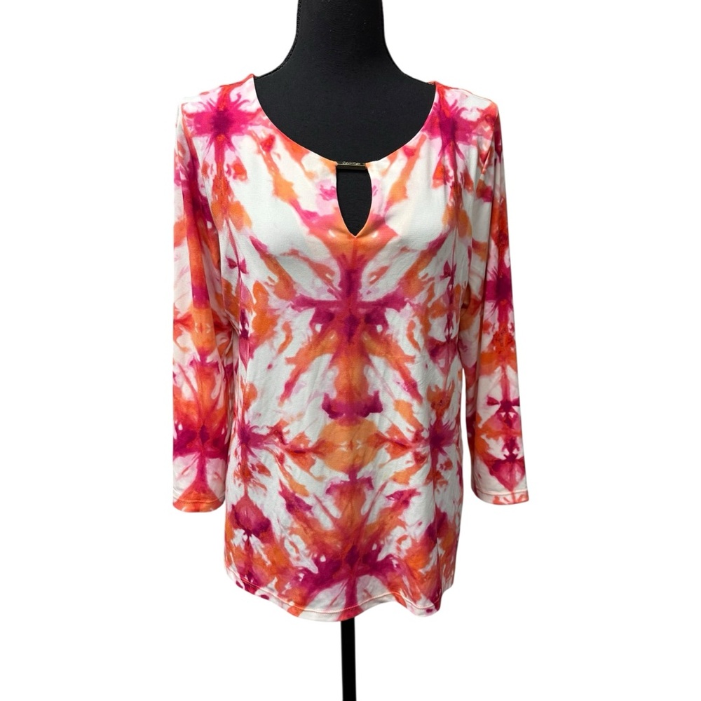 Calvin Klein Pink Orange Tie Dye Keyhole Top Large Stretch Blouse